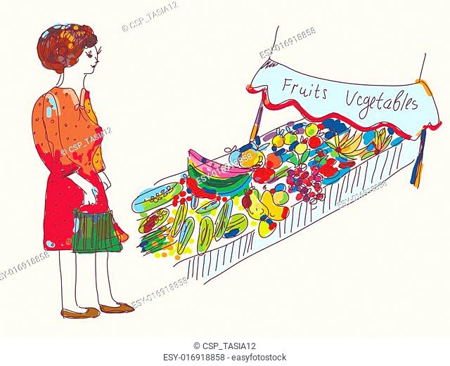 Woman at the fruit and vegetables market cartoon, Stock Vector, Vector And  Low Budget Royalty Free Image. Pic. ESY-016918858 | agefotostock