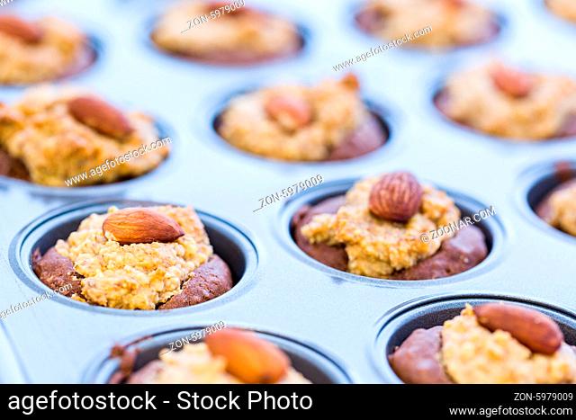 Gluten free chocolate baked snacks with peanut butter and whole almond
