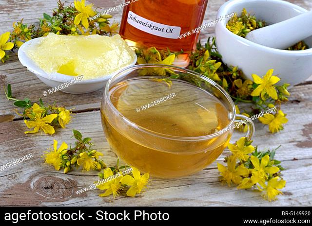 Cup of Common St John's wort tea, Spotted Common St John's wort, Real Common St John's wort (Hypericum perforatum), Common St John's wort ointment