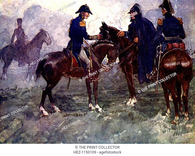 'Not till after the battle did Blucher and Wellington meet', 1815, (1905). The Duke of Wellington and his Prussian ally Gebhard Leberecht von Blucher meet after...