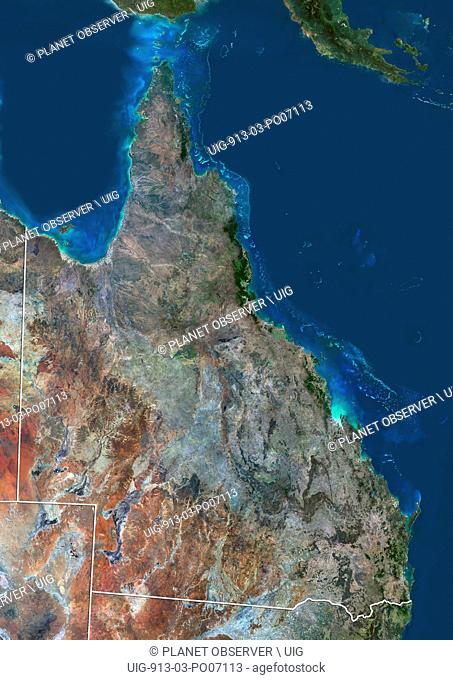 Satellite view of Queensland, Australia (with administrative boundaries). The Great Barrier Reef extends along most of Queensland's coastline