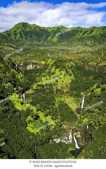 Kahili Falls (aerial), Hanapepe Valley, Kauai, Hawaii USA