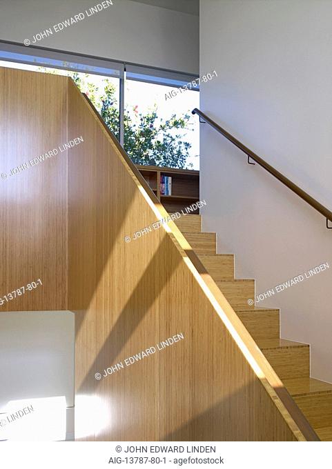 Pale wood staircase detail in Yin Yang House, Venice, California, USA