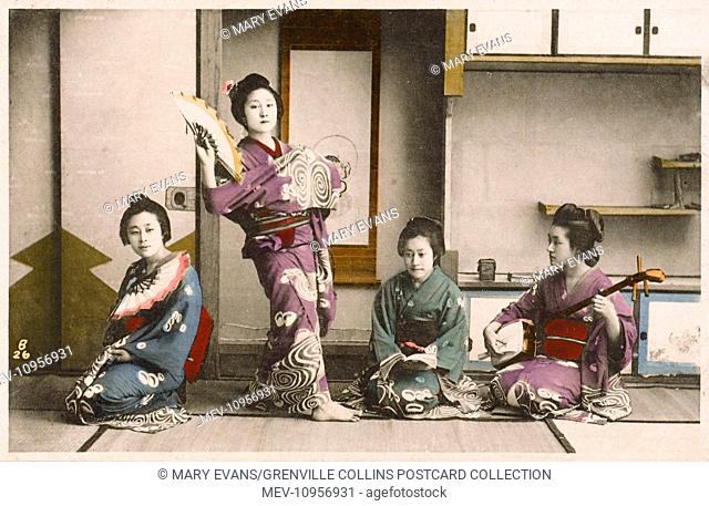 Japan - Women dancing and playing musical instruments, including a Shamisen (right)