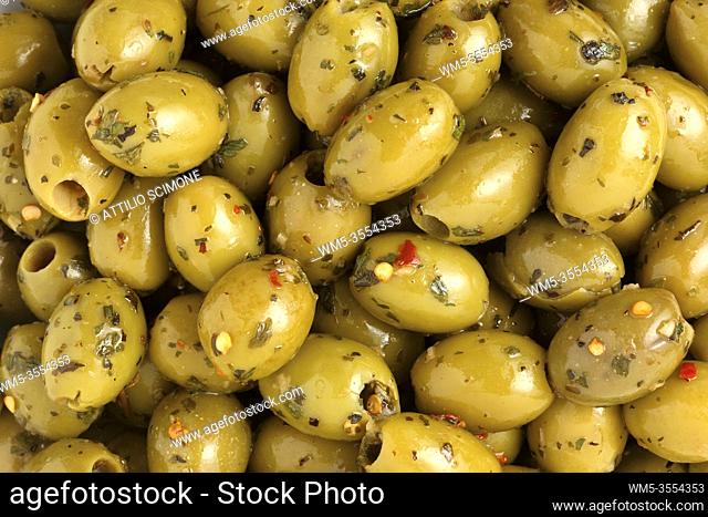 Lemon, Garlic and Parsley Green Pitted Olives. Sicilian Food