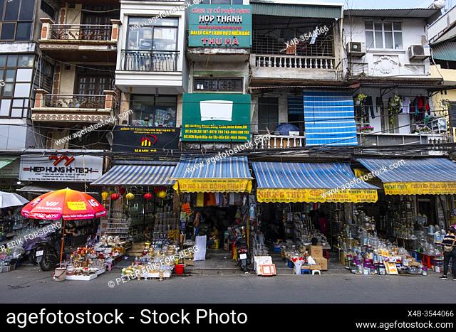 Residential housing and shops arund Dong Xuan market, Hang Khoai street, Hoan Kiem, old quarter, Hanoi, Vietnam