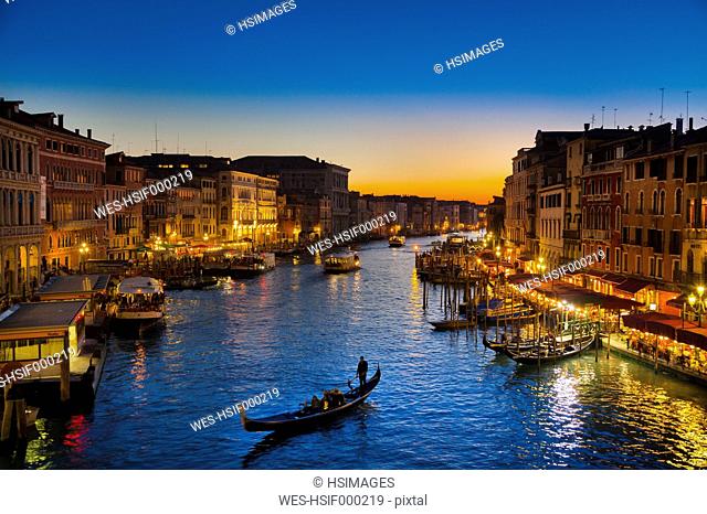 Italy, Venice, Gondolas on Canal Grande near Rialto bridge