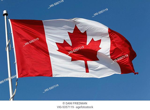 Canadian flag fluttering in the wind against a blue sky in Ontario, Canada. - MAPLE, ONTARIO, Canada, 15/10/2015