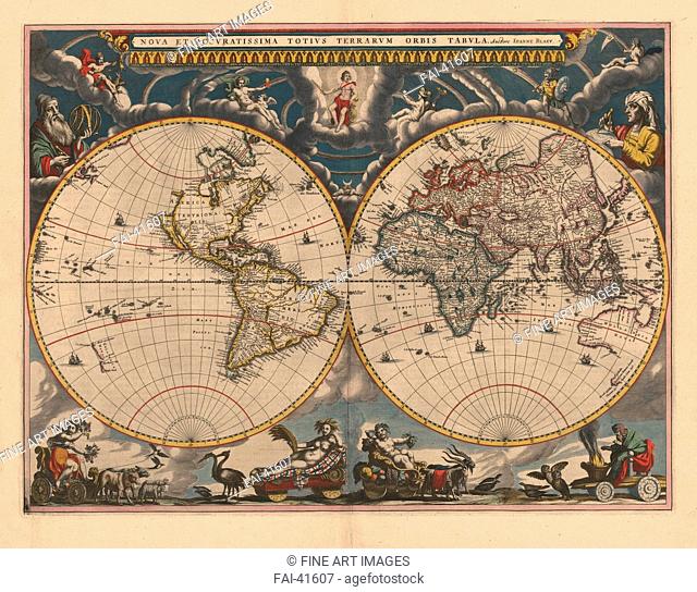 Double hemisphere map of the World by Blaeu, Joan (1596-1673)/Etching, watercolour/Cartography/1662/The Netherlands/Private Collection/History/Graphic...