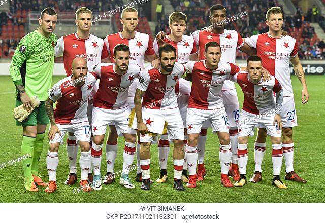 Soccer Team of SK Slavia Praha pose for photographer prior to the UEFA European Soccer League group A 4th round match between Villarreal and Slavia Prague at...