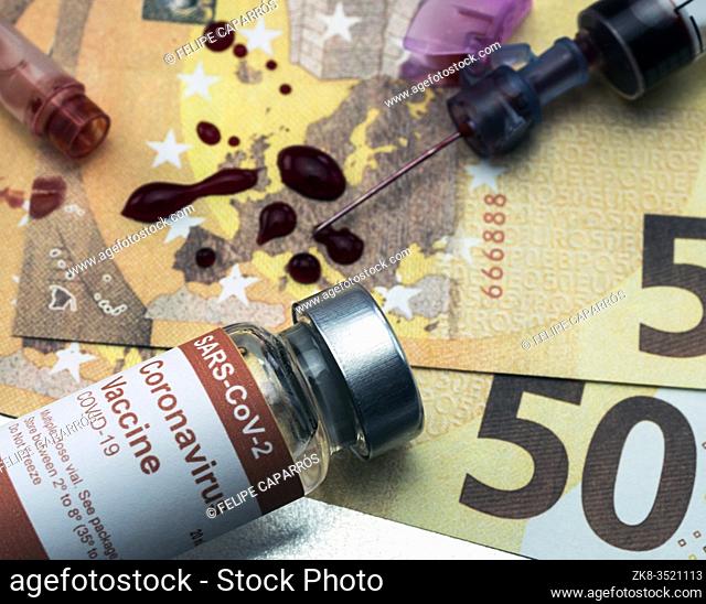 blood syringe with covid-19 vaccine on euro banknotes, conceptual idea