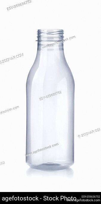 Front view of empty plastic milk bottle isolated on white