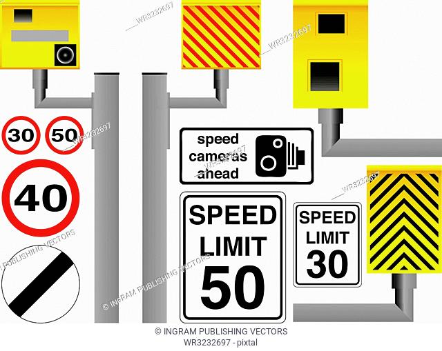 Illustrated speed camera selection with additional limit signs and warnings