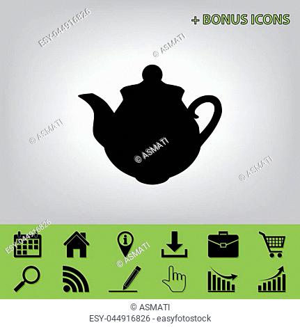 Tea maker sign. Vector. Black icon at gray background with bonus icons at celery ones