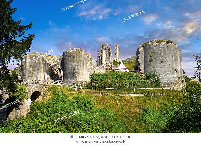 Medieval Corfe castle keep at sunrise, built in 1086 by William the Conqueror, Dorset England