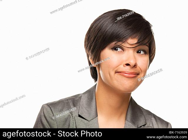 Pretty biracial girl looking to the side isolated against white background