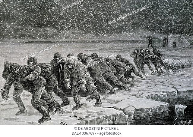Everyone, officers, sergeants and soldiers being forced to pull boats, engraving from the International Polar Expedition of 1881-1884