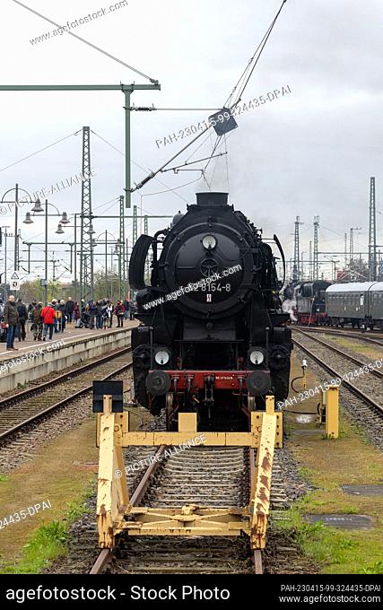 15 April 2023, Saxony, Dresden: Locomotive 528154-8 stands on a track outside the station building and has been driven there for the 15th Dresden Steam...