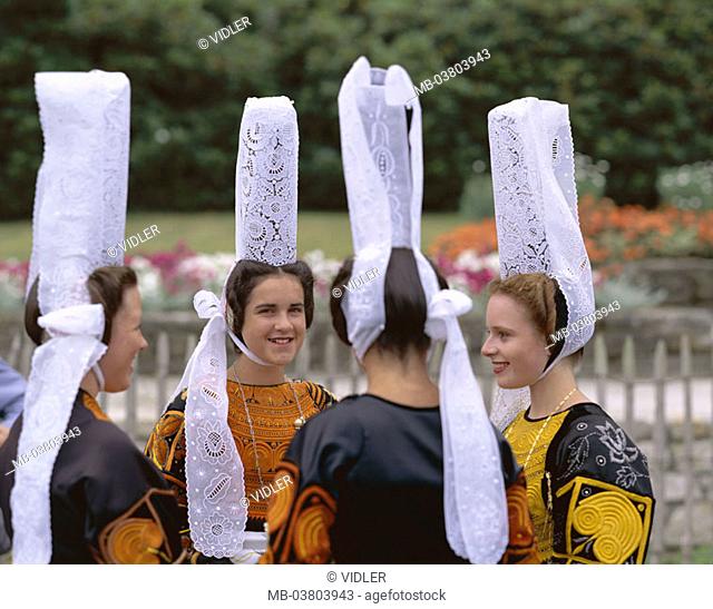 France, Brittany, women, young,  traditional costume, traditionally, bretonisch,  Top bonnets, Coiffes, portrait  Europe, North France, folklore, people