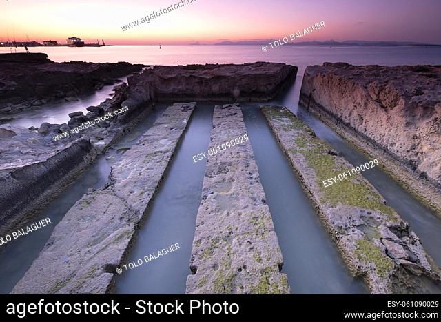 irrigation canal of the salt flats, Sa Siquia, la Savina, Formentera, Pitiusas Islands, Balearic Community, Spain