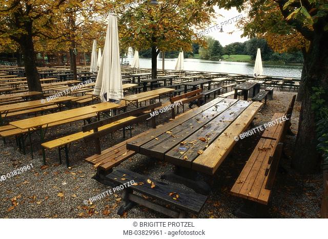 Germany, Bavaria, Munich,  Michael y types, human-empty, autumn,   Upper Bavaria, sea, Ostparksee, beer garden, tables, benches, parasols, wet, nobody