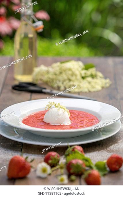 Strawberry soup with elderflower sorbet
