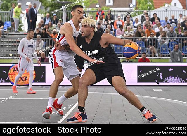 France Franck Seguela and New Zealand's Dominique David Tuatini Kelman-Poto pictured in action during a 3x3 basketball game between France and New Zealand