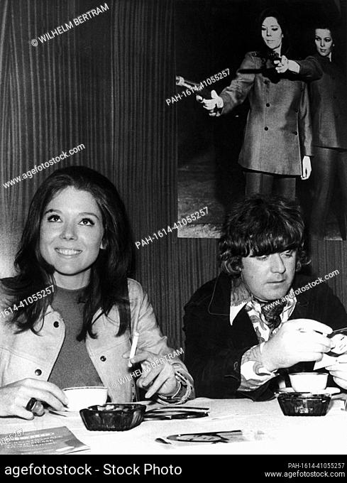 Diana Rigg and her manager Jeromy Banks. The British actress was staying in Dusseldorf from 6 to 7 May 1968 for fashion and TV shootings