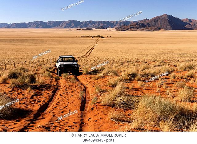 Pick-up driving through desert landscape behind the Tiras Mountains, Namibia