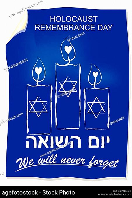 Holocaust remembrance day, hebrew text yom hashoah. Flyer with drawing in street art style with candles. Israel national colors blue and white, vector EPS10