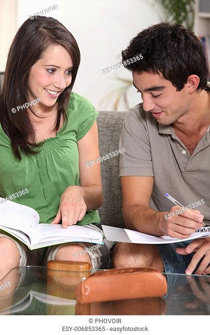 portrait of two teenagers studying