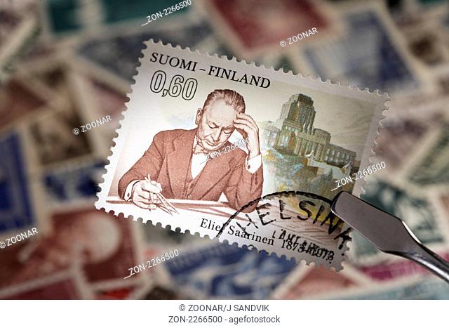 Finnish commemorative stamp from 1971. Eliel Saarinen was a Finnish architect who became famous for his art nouveau buildings in the early years of the 20th...