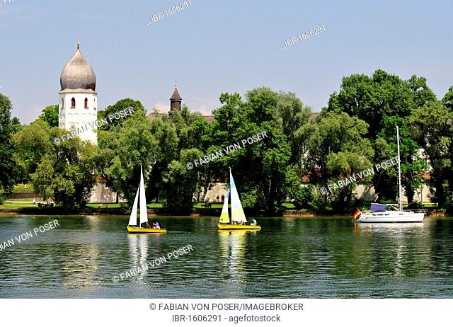 Sailing boats in front of the tower of the Benedictine Monastery dating from the 8th Century on Fraueninsel, Women's Island, Lake Chiemsee, Chiemgau, Bavaria