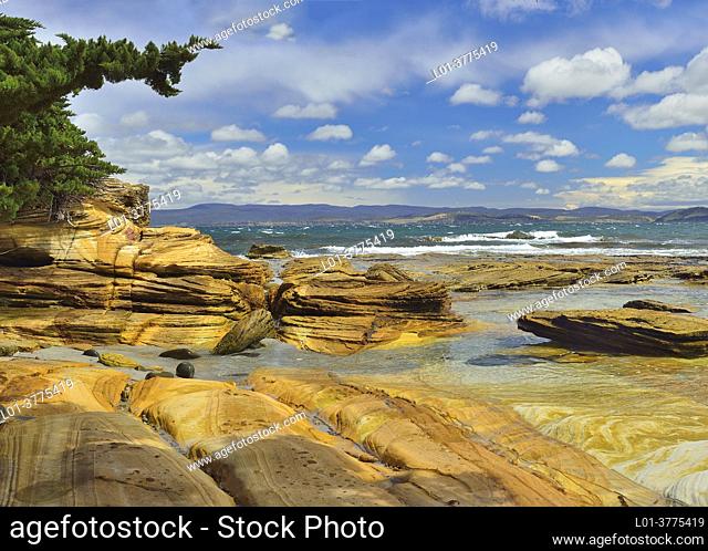 Painted cliffs. Sandstone rocks with iron inclusions. Maria island, Tasmania (Australia)