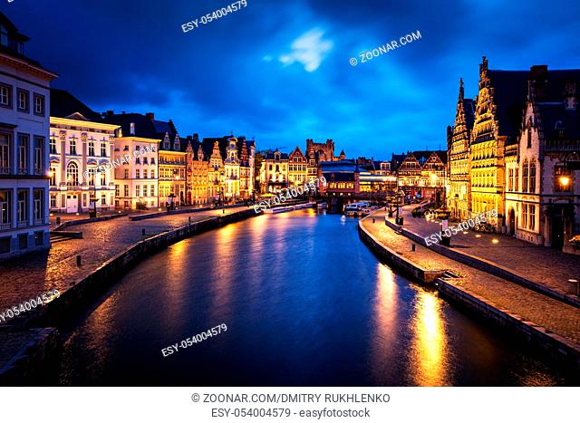 Ghent canal, Graslei and Korenlei streets in the evening. Ghent, Belgium