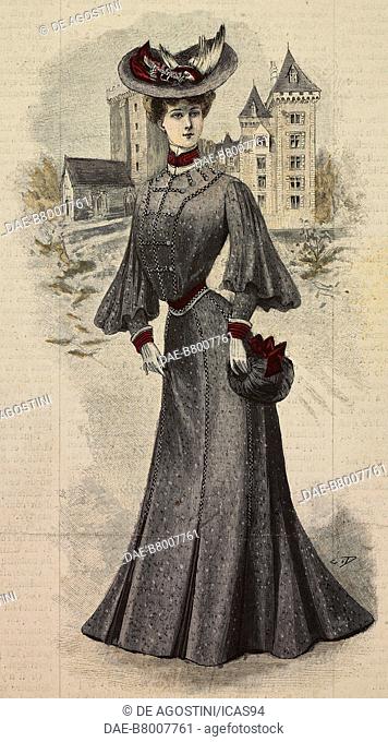 Woman wearing a woolen patterned dress, corset with puffed sleeves and a felt hat with bird, creation by Mademoiselle Louise Pirets