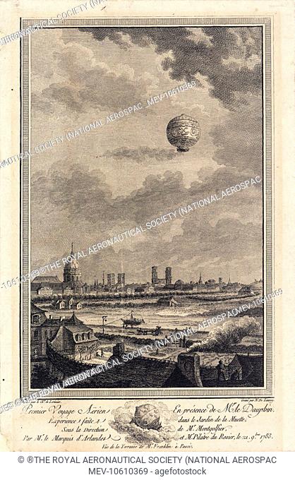 First manned balloon ascent, made in the presence of the Dauphin, from the Jardin de la Muette, Paris, under the direction of Montgolfier