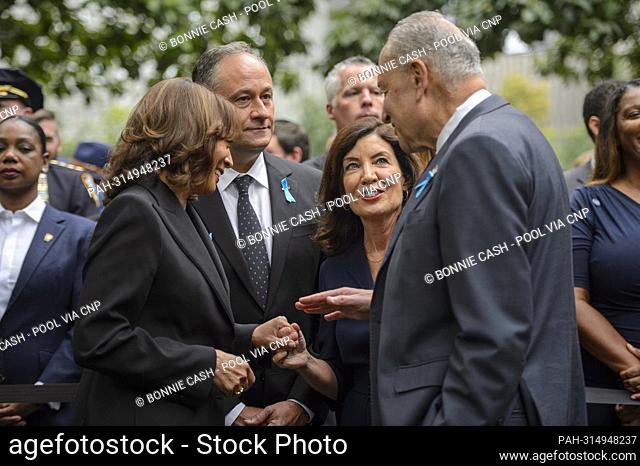 From left to right: United States Vice President Kamala Harris, second gentleman Doug Emhoff, Governor Kathy Hochul (Democrat of New York) and US Senate...