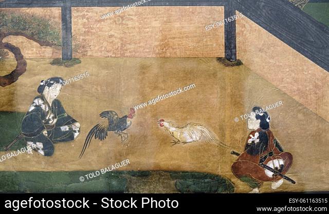 Cock-fight, Ink and gold on paper, anonymous, Japanese, 17 th century, Museo de Bellas Artes, Bilbao, Spain