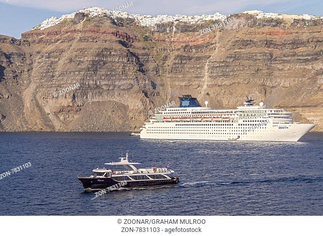 Cruise Ship Moored At Thera Santorini Greece