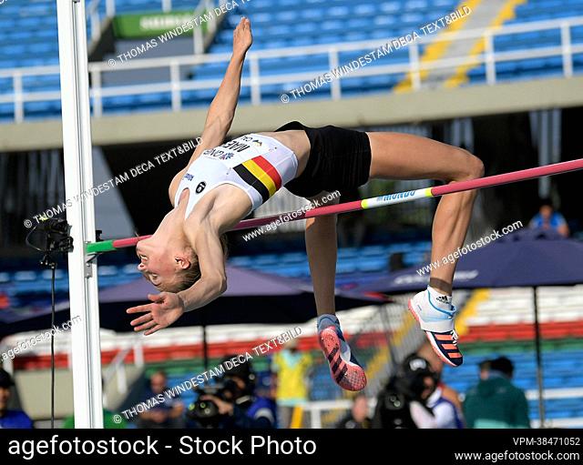 Belgian Merel Maes pictured in action during the women's high jump event at the 'World Athletics' World Junior Athletics Championships