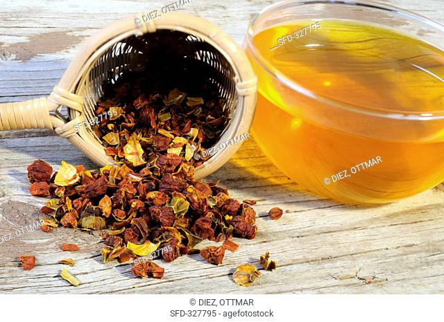 Dried gardenia fruits in a tea strainer with a cup of tea