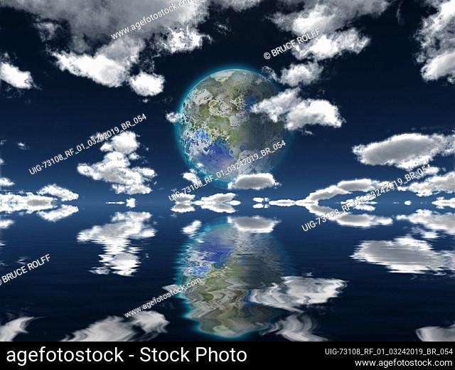 Surreal digital art. Terraformed moon in cloudy sky reflects in water surface
