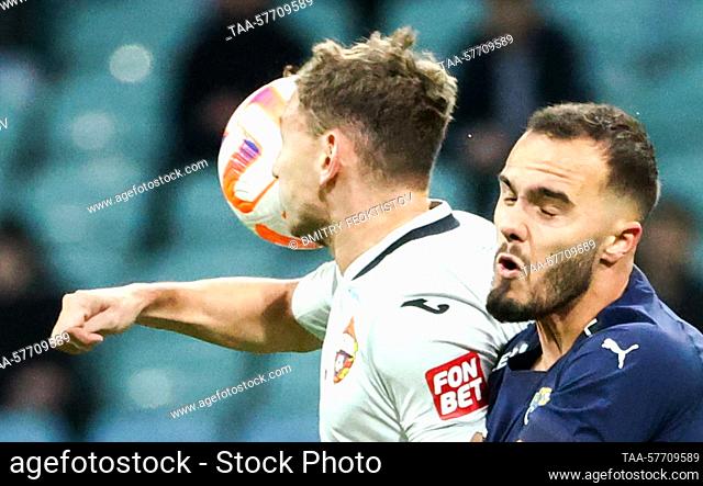 RUSSIA, SOCHI - MARCH 5, 2023: CSKA Moscow’s Fyodor Chalov (L) and FC Sochi's Vanja Drkusic in their 2022/2023 Russian Premier League Round 18 football match at...