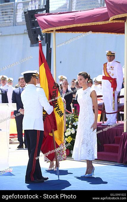 Queen Letizia of Spain attends delivery the National Ensign to the 'Special Naval War Force' at Juan Sebastian Elcano Dock on June 7, 2022 in Cartagena, Spain