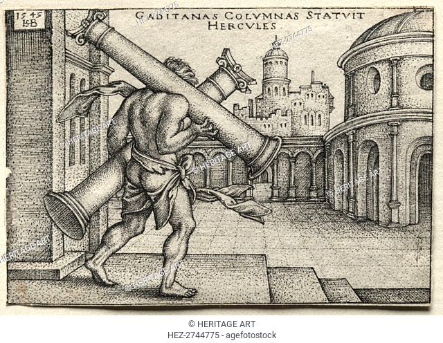 The Labors of Hercules: Hercules Carrying the Columns of Gades, 1545. Creator: Hans Sebald Beham (German, 1500-1550)