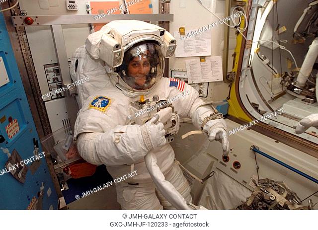 Astronaut Sunita L. Williams, Expedition 14 flight engineer, attired in her Extravehicular Mobility Unit (EMU) spacesuit
