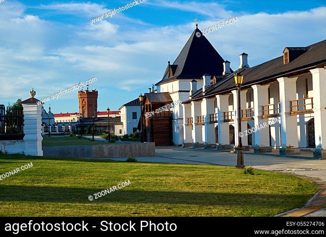 The view of the Eastern square tower and Pontifical stables on the territory of Tobolsk kremlin. Tobolsk. Russia