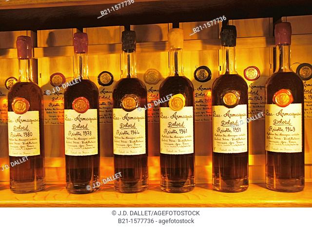 Bottles of the Bas-Armagnac Delord, at Lannepax, Gers, Midi-Pyrenees, France