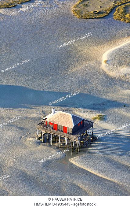 France, Gironde, Bassin d'Arcachon, ile aux oiseaux, the Cabanes Tchanquees (aerial view)